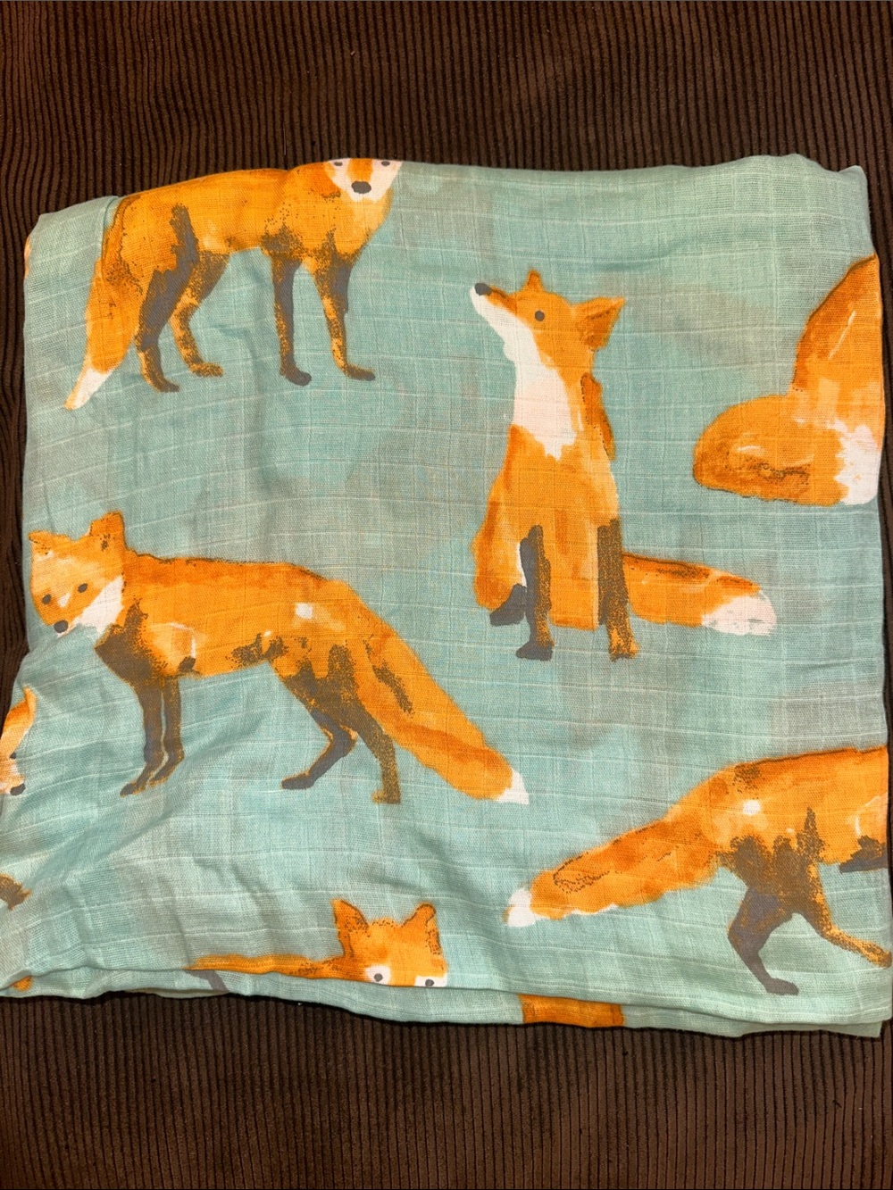 Cloud Island Fox Baby Swaddle Blanket Blue White Orange Muslin Foxes Gray NWOT